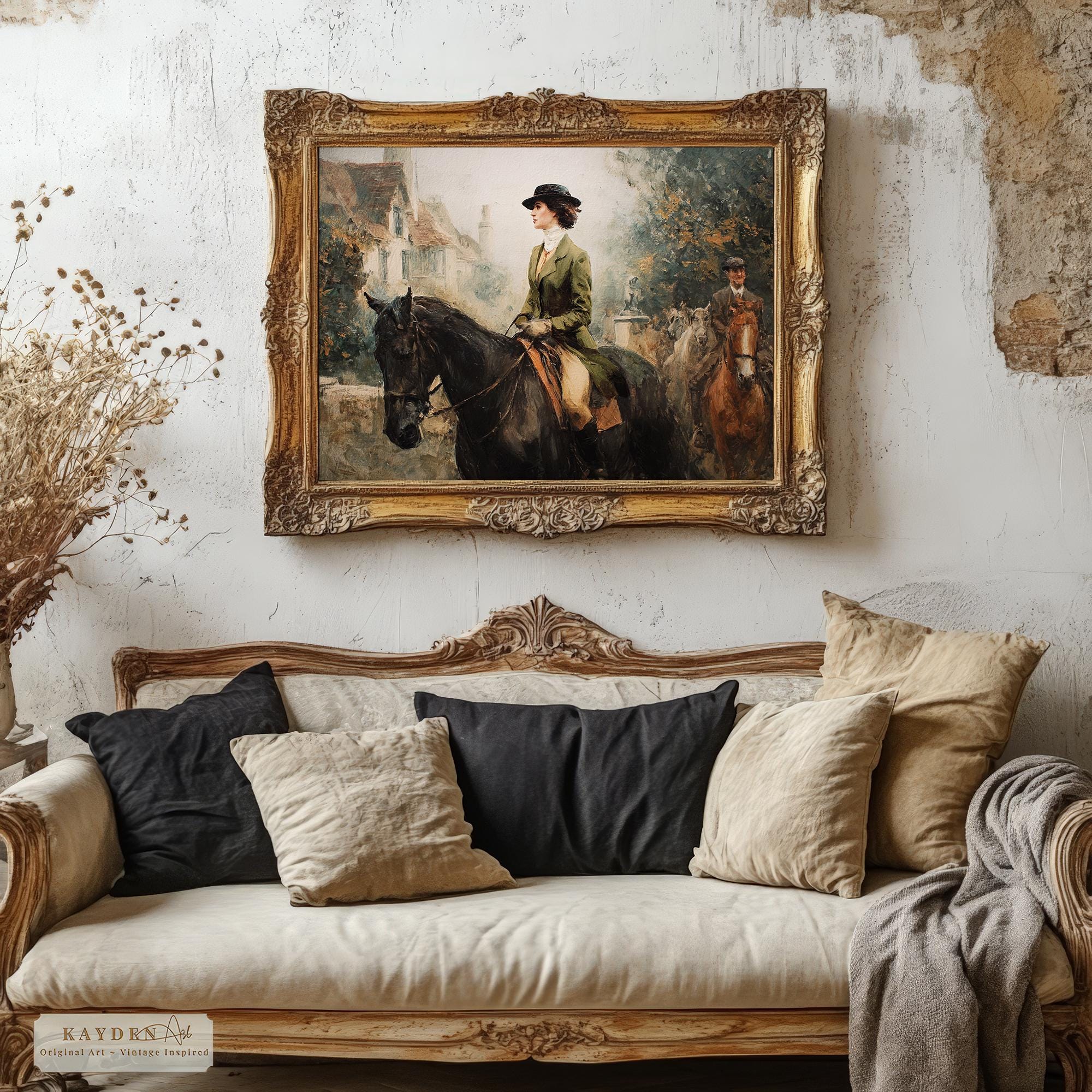 Vintage Art Print Elegant Woman Riding Horse in English Countryside ...