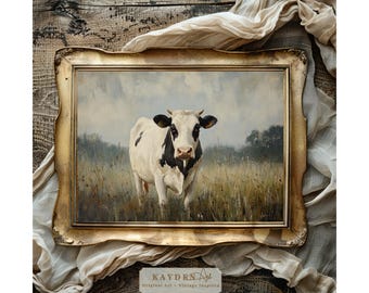 Cow Portrait in a Country Pasture, Farm Field, Vintage Oil Painting Art Print, Wall Art, Cottagecore, Vintage, Antique, Western, Self Print