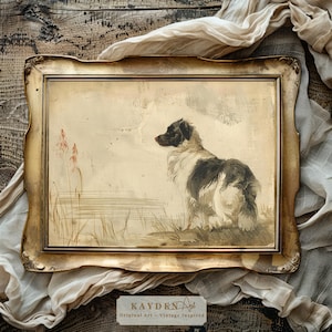 Border Collie Dog, Countryside Landscape Vintage Style portrait, Wall Art Print, Cottage Country Home Decor, Nature Artwork, Self Print