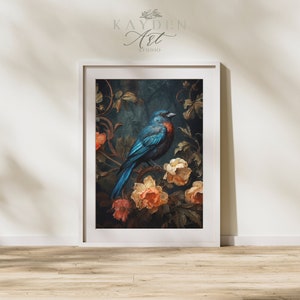 Vintage Blue Bird Dark Aesthetic Art Print, Digital Download, Cottagecore, Traditional, Victorian Styling, Home Decor Wall Art, Original Art
