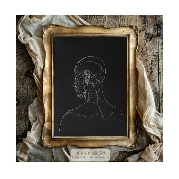 Contemplative Echoes: Minimalistic Outline Portrait, Original artwork Downloadable art, Contemporary design, Rustic ambiance, Dark aesthetic