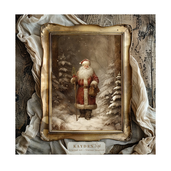 Vintage Santa Claus, Christmas Portrait, Wintery Forest, Holiday Wall Art, Downloadable Digital Art, Christmas Art, Home Decor, Winter