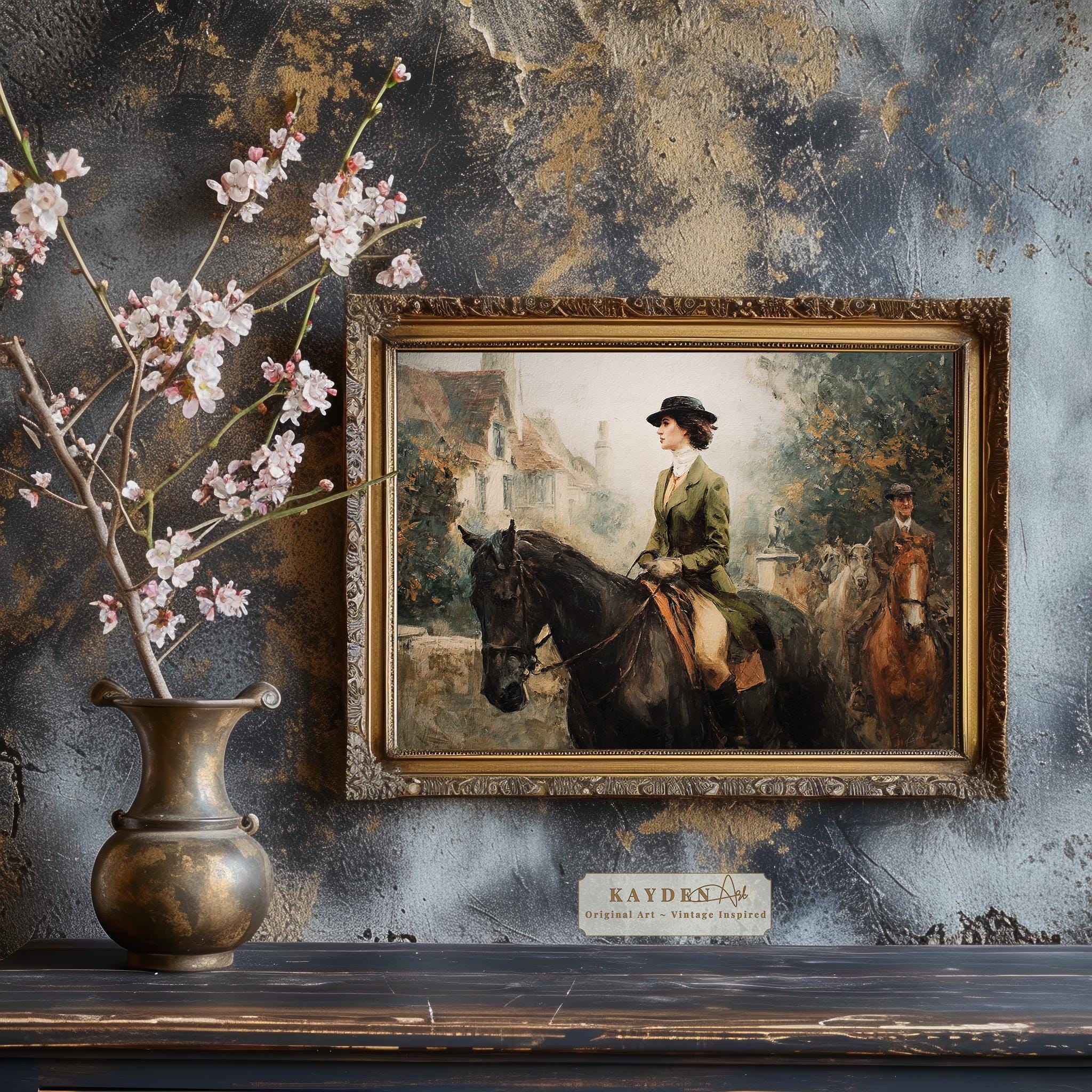 Vintage Art Print Elegant Woman Riding Horse in English Countryside ...