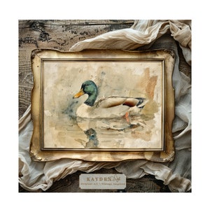 Vintage Mallard Duck Watercolor Painting Original Art Print Home Decor Traditional Homes, Rustic Decor Cottagecore Downloadable Wall Art