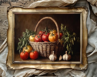 Vintage Garden Artwork Fresh Red Ripened Tomatoes County Herbs Homegrown Garlic Cottagecore Oil Style Wall Art Print Vegetable Basket