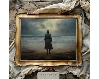 Solitude by the Sea Vintage Period Portrait Digital Art Print Downloadable Dark Academia Cottagecore Aesthetic Moody Tones