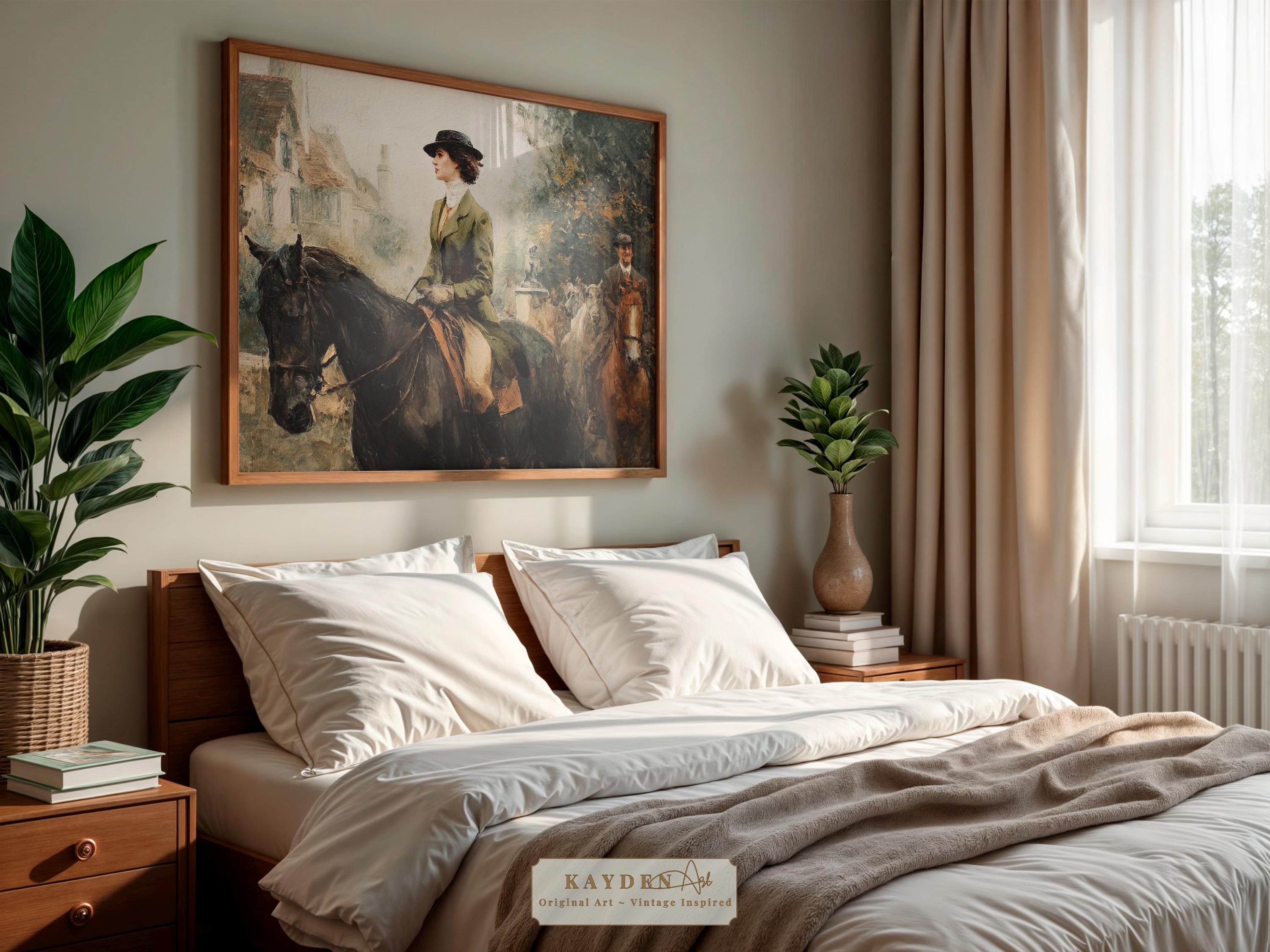 Vintage Art Print Elegant Woman Riding Horse in English Countryside ...