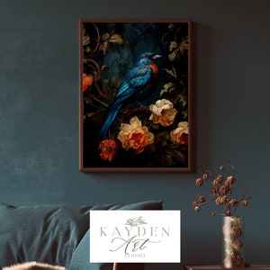 Vintage Blue Bird Dark Aesthetic Art Print, Digital Download, Cottagecore, Traditional, Victorian Styling, Home Decor Wall Art, Original Art
