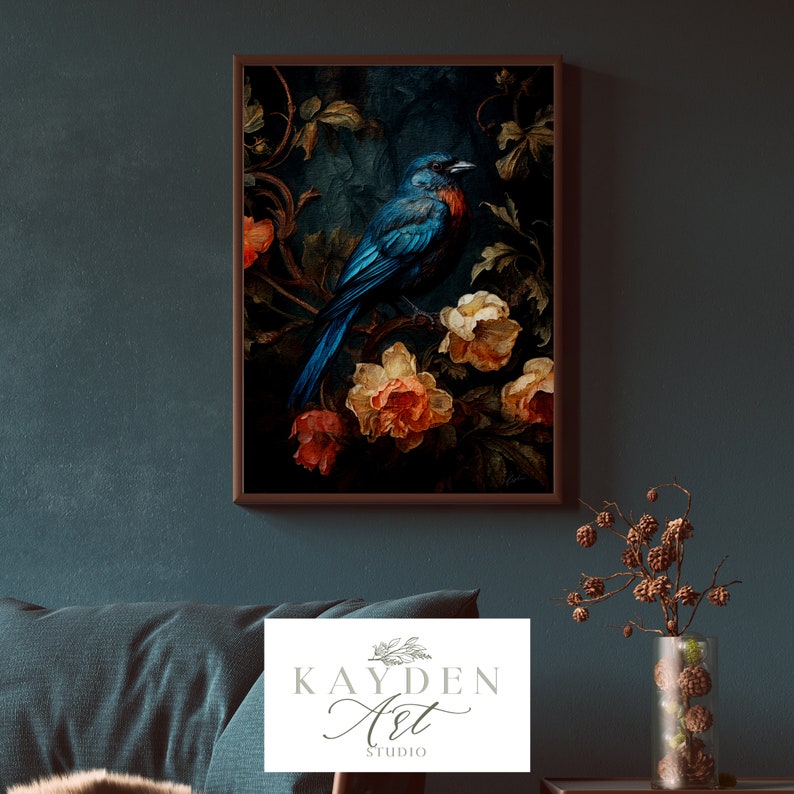 Vintage Blue Bird Dark Aesthetic Art Print, Digital Download, Cottagecore, Traditional, Victorian Styling, Home Decor Wall Art, Original Art