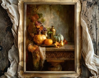 May include: A framed still life painting featuring pumpkins, grapes, and autumn leaves. The artwork has a vintage aesthetic with warm tones and a golden frame. A small sign at the bottom reads "KAYDEN Art - Vintage Inspired."