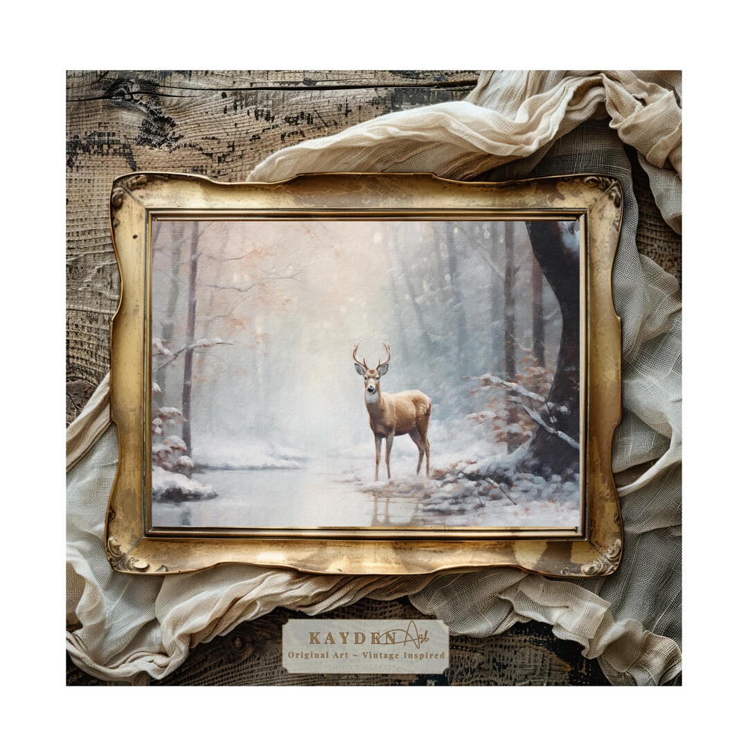 Snowy Winter Stream Deer Landscape Digital Art Print Downloadable ...