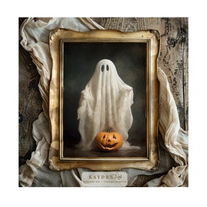 Haunted Halloween Night, Vintage Ghost and Jack-o-Lantern Oil Painting Style Digital Art Print, Downloadable, Self Print, Moody, Gothic