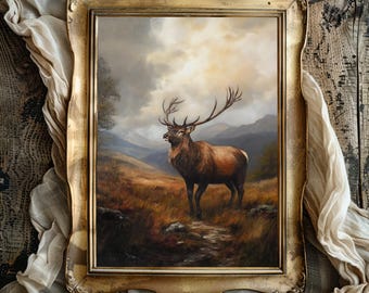 Stag Portrait Scottish Highlands Landscape Deer Vintage Wall Art Cottagecore Scotland Impressionist Style Artwork Castlecore Mountain Decor