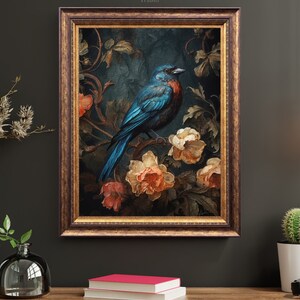 Vintage Blue Bird Dark Aesthetic Art Print, Digital Download, Cottagecore, Traditional, Victorian Styling, Home Decor Wall Art, Original Art