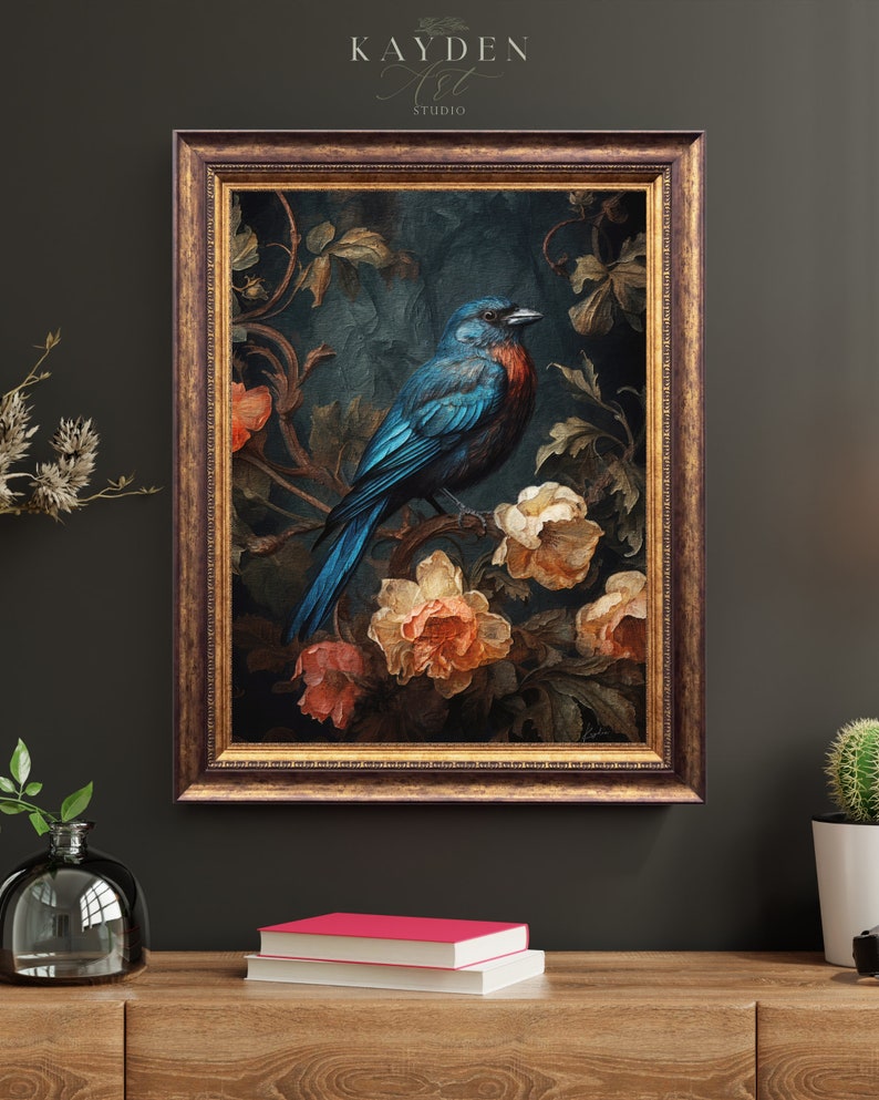 Vintage Blue Bird Dark Aesthetic Art Print, Digital Download, Cottagecore, Traditional, Victorian Styling, Home Decor Wall Art, Original Art