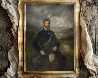 May include: Vintage-inspired framed portrait of a man in traditional Scottish attire. The painting features a man with red hair and a beard, wearing a dark jacket and green plaid kilt. The gold frame surrounds the artwork, with a landscape background.