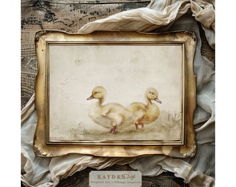 Adorable ducklings, baby ducks, Vintage, watercolor style, still life home decor, traditional, digital wall art, country rustic cottagecore