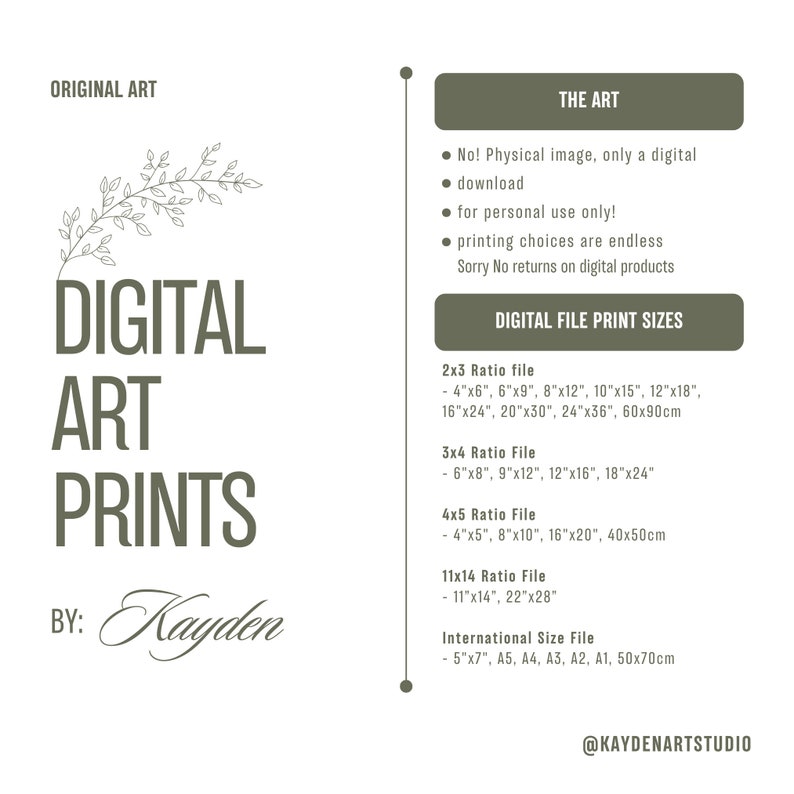 May include: Digital art prints available in various sizes, including 4x6 inches, 6x9 inches, 8x12 inches, 10x15 inches, 12x18 inches, 16x24 inches, 20x30 inches, 24x36 inches, and 60x90 centimeters.  The text "Digital Art Prints by Kayden" is displayed on the left side of the image.