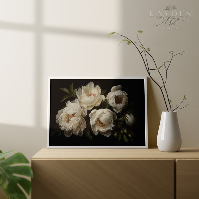 Cottage White Peonies, Home Decor, Cottagecore, Vase of Flower, Oil Painting, Digital Art Download, Wall Art, Art print, Print