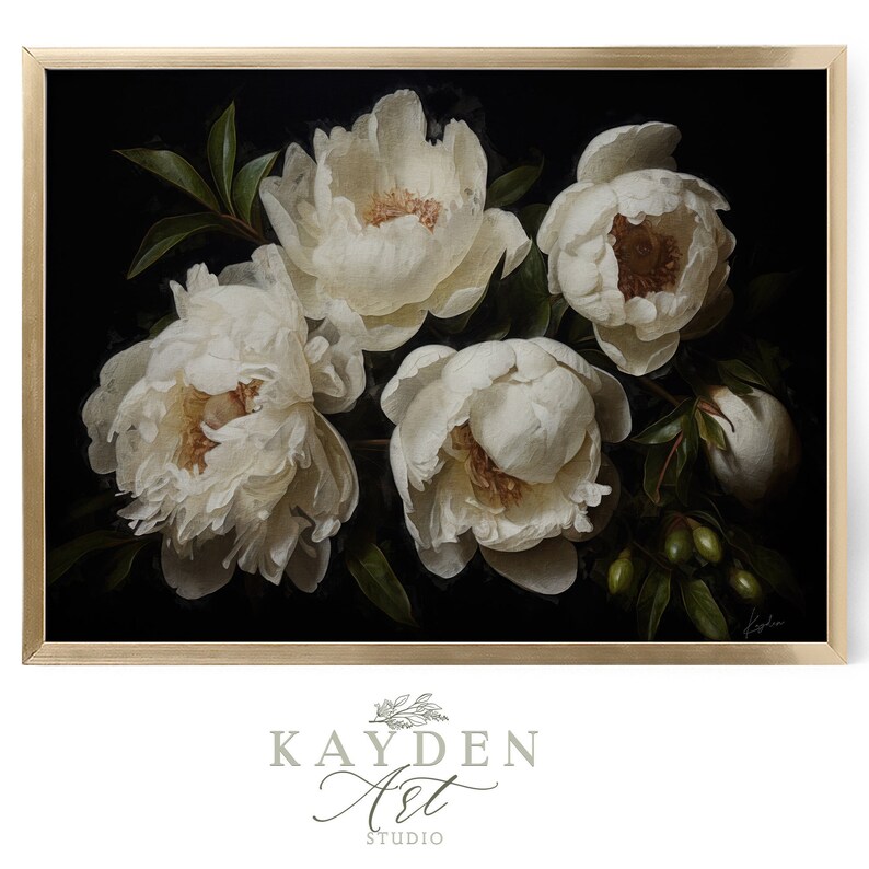 Cottage White Peonies, Home Decor, Cottagecore, Vase of Flower, Oil Painting, Digital Art Download, Wall Art, Art print, Print