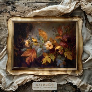 Fall Foliage Leaves Flowers Abstract Vintage Art Print Autumn Cottagecore Downloadable Art Dark Tones nature-inspired Autumn Orange Artwork