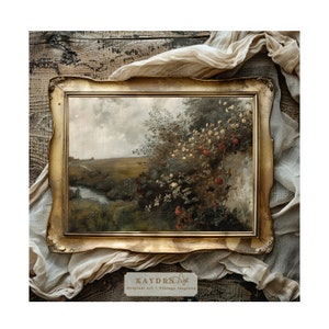 Tranquil Countryside landscape  country rolling hills flowers Original downloadable art print Vintage style wall decor traditional Art