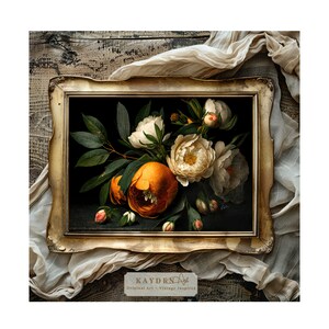 Vintage Blooms Downloadable Digital Art Print Oil painting style Artwork White Peonies and Orange flowers Home decor, Autumn tones, Wall Art