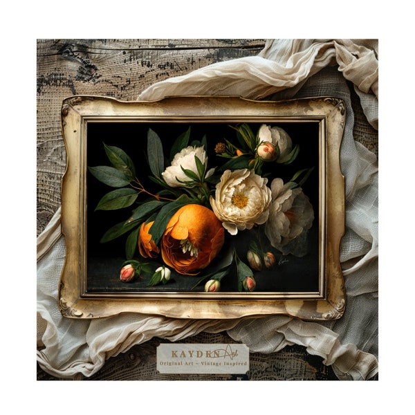 Vintage Blooms, Downloadable Digital Art Print, Oil painting style Artwork, White Peonies and Orange flowers, Home decor, Autumn tones