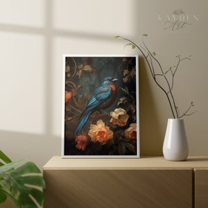 Vintage Blue Bird Dark Aesthetic Art Print, Digital Download, Cottagecore, Traditional, Victorian Styling, Home Decor Wall Art, Original Art