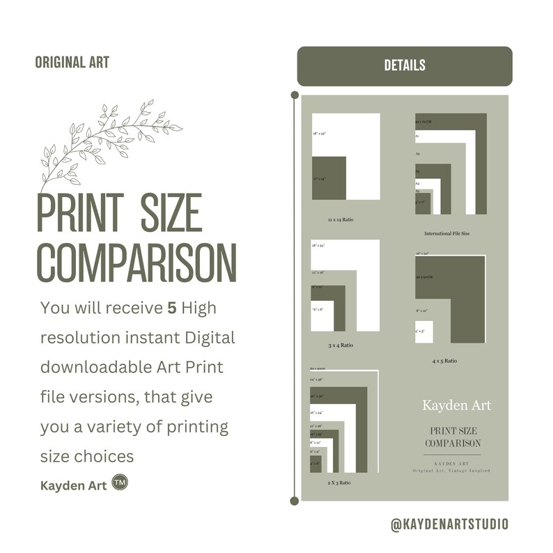 May include: A graphic showing different print sizes for digital art prints. The graphic shows five different aspect ratios, including 11x14, 3x4, 4x5, and 3x5. The text "Kayden Art Print Size Comparison" is at the bottom of the graphic.