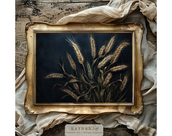 Whispers of Wheat, Black Vintage Style Dark and Moody Traditional Art, Original Print Digital Download, Home Decor Styling Dark Aesthetic