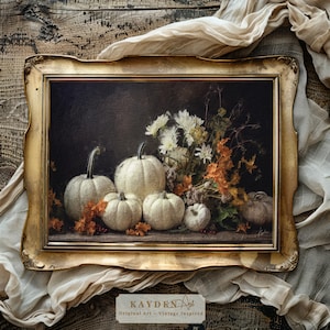 Viñeta de otoño, flores blancas, calabazas blancas, hojas, otoño, descargable, impresión digital, estilo cottagecore, granja, Halloween, rústico