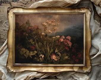 Countryside Wildflowers Dark Moody Vintage Cottagecore Landscape Pink Reds Home Decor Traditional Homes Wall Art Fine Art Prints