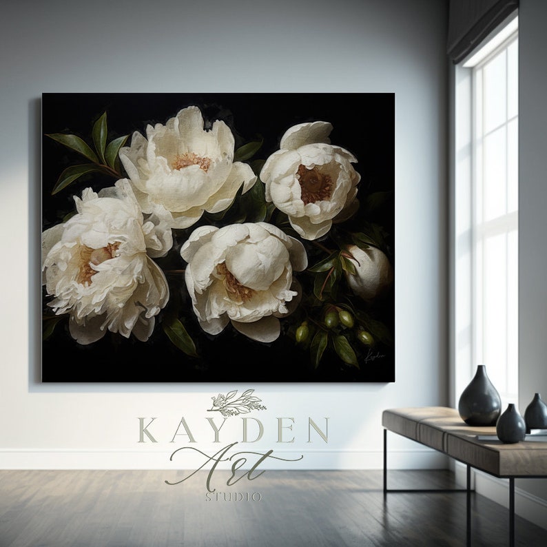 Cottage White Peonies, Home Decor, Cottagecore, Vase of Flower, Oil Painting, Digital Art Download, Wall Art, Art print, Print