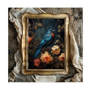 Vintage Blue Bird Dark Aesthetic Art Print, Digital Download, Cottagecore, Traditional, Victorian Styling, Home Decor Wall Art, Original Art