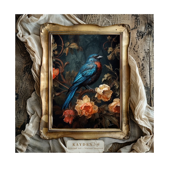 Vintage Blue Bird Dark Aesthetic Art Print, Digital Download, Cottagecore, Traditional, Victorian Styling, Home Decor Wall Art, Original Art