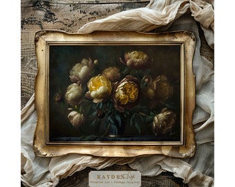 Golden Peonies, Digital Art Print, Download, Vintage Style, Cottagecore, Flowers, Rustic, Home Decor, Moody Floral, Wall Art, Printable Art