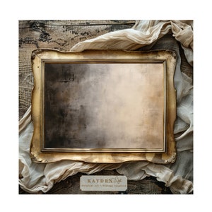 May include: A gold-framed painting with a textured, abstract design in shades of brown and beige. The painting is displayed on a wooden surface with a piece of white fabric draped over it. The text "KAYDEN Art - Original Art - Vintage Inspired" is visible at the bottom of the image.