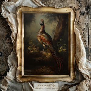 Vintage Forest Pheasant Art Print, Home Decor, Cottagecore Traditional Styling, Dark Aesthetic Downloadable Digital Art Print Home Decor