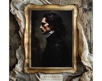 May include: A vintage-inspired portrait painting of a man in a dark suit and white collar, with a dark background. The painting is framed in a gold frame and has the artist's signature in the bottom right corner. The text "KAYDRN Art" and "Original Art - Vintage Inspired" is below the frame.