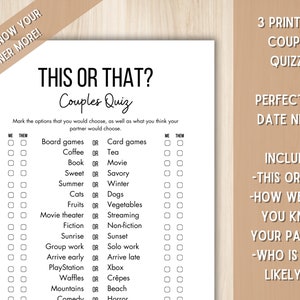 Druckbare Paare Quiz Bundle - 3 druckbare Quiz für Date Night: Wie gut kennen Sie Ihren Partner?, Wer wird eher dazu, Dies oder Das?