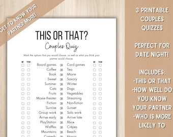 Printable Couples Quiz Bundle - 3 printable quizzes for Date Night: How well do you know your partner?, Who is more likely to, This or that?