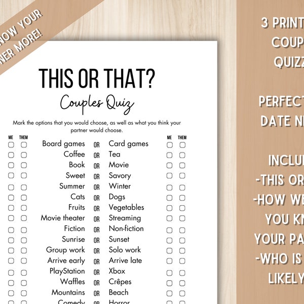 Printable Couples Quiz Bundle - 3 printable quizzes for Date Night: How well do you know your partner?, Who is more likely to, This or that?