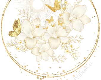 May include: A gold circular design with a floral arrangement of white flowers and butterflies. The design is surrounded by a double circle with a gold glitter effect.