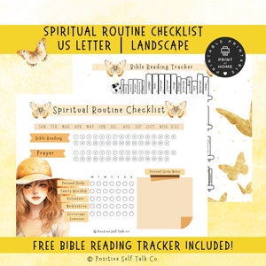 Può includere: Un elenco di controllo stampabile per una routine spirituale con un calendario, un tracker di lettura della Bibbia e una sezione per appunti di studio personale. Il design presenta uno sfondo ad acquerello con farfalle e una citazione sul dialogo interiore positivo.