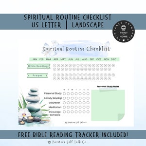 May include: A printable spiritual routine checklist with a watercolour background featuring a stack of stones and a white orchid. The checklist includes a calendar for tracking daily spiritual activities such as Bible reading, prayer, personal study, family worship, volunteering, meditation, and encouraging someone. The checklist also includes a section for personal study notes.