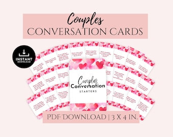 Peut inclure: Un jeu de cartes de conversation imprimables pour les couples. Les cartes présentent un fond rose aquarelle avec des cœurs et le texte "Couples Conversation Starters". Les cartes mesurent 3 pouces sur 4 pouces.