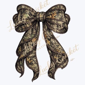 May include: A decorative bow featuring a camouflage pattern in shades of green, brown, and tan. The bow has a scalloped edge and is tied in the center. The bow's design incorporates a woodland camouflage print.