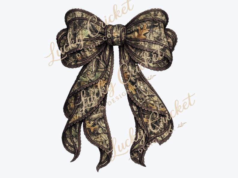 May include: A decorative bow featuring a camouflage pattern in shades of green, brown, and tan. The bow has a scalloped edge and is tied in the center. The bow's design incorporates a woodland camouflage print.