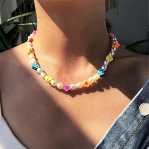 Bohemian Colorful Handmade Daisy Pearl Necklace Jewelry •Short Collared Necklace• birthday gift• Summer Necklace